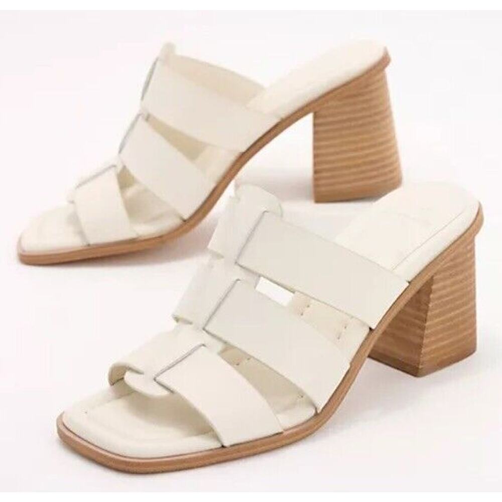 New Marc Fisher LTD Louisa Leather Block Heel Slip On Mules Woven Ivory Size 11M